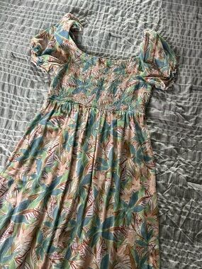 Smocked Tropical Print Midi Dress in Pastel Green and Peach